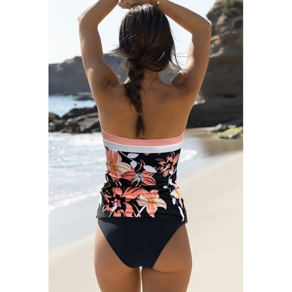 Beachsissi Women Black Coral Floral Bandeau Tankini Swimsuit Set NWT Size M